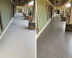 Epoxy concrete coatings porch before and after durable stain resistant moisture mitigation